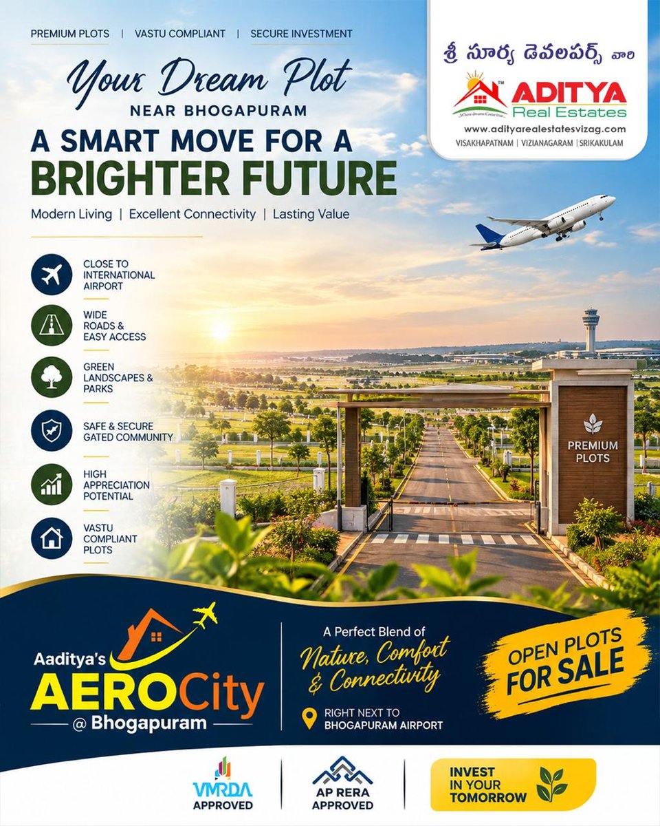 AdityReal's tweet photo. ✈️ Your dream plot near Bhogapuram! Aaditya’s AeroCity offers VMRDA &amp; AP RERA approved, Vastu compliant open plots right next to Bhogapuram Airport. 🏡
🌐 https://t.co/PBAGBBprPf

#AadityasAeroCity #BhogapuramPlots #OpenPlots https://t.co/wOmrhCLxxE