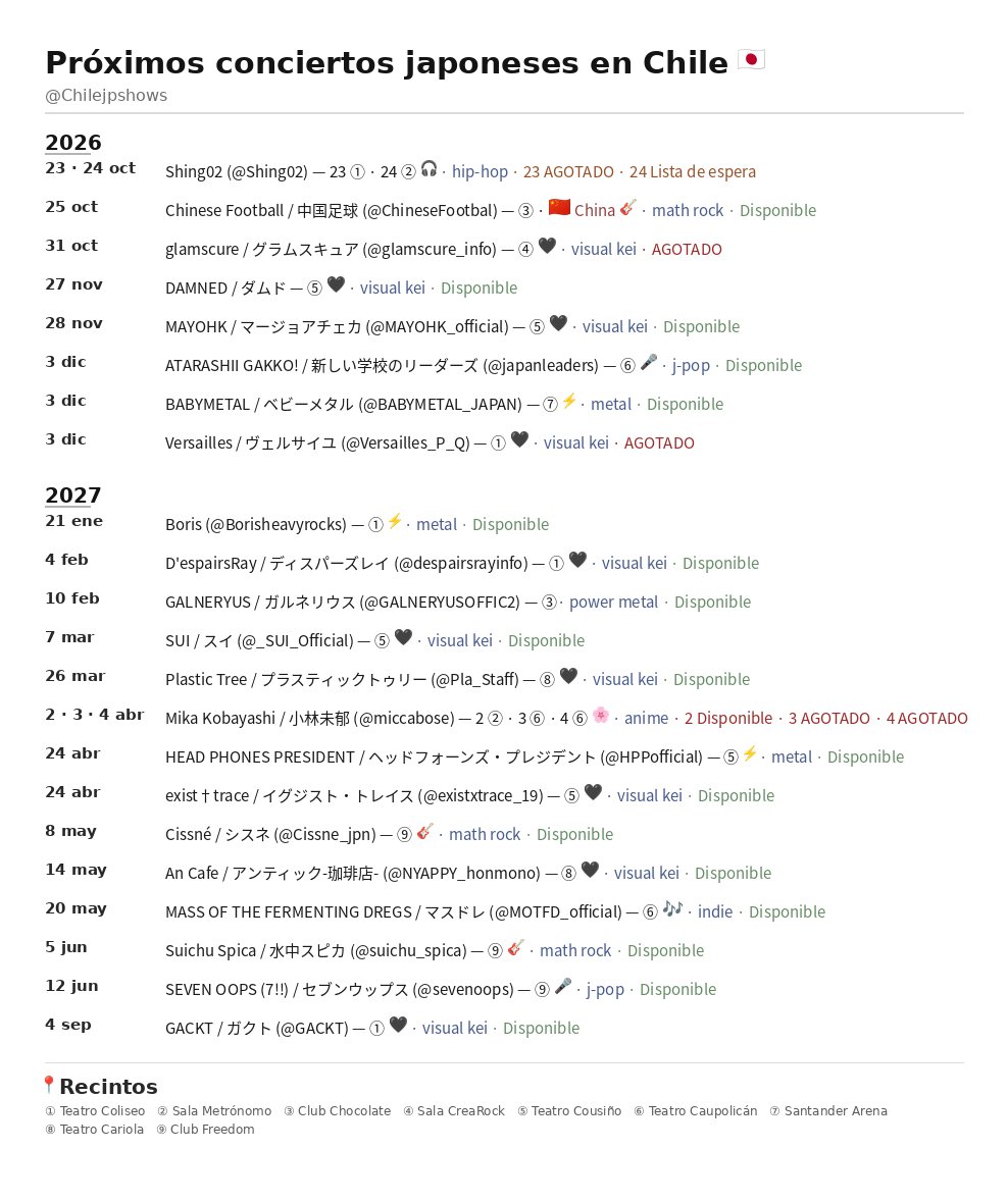 Chilejpshows's tweet photo. 🗓️ Cartelera actualizada al 17 de octubre: todos los próximos conciertos japoneses en Chile.
Nuevo: An Cafe, 14 de mayo 2027 en el Teatro Cariola 🎟️ https://t.co/vAwFu0wNSO