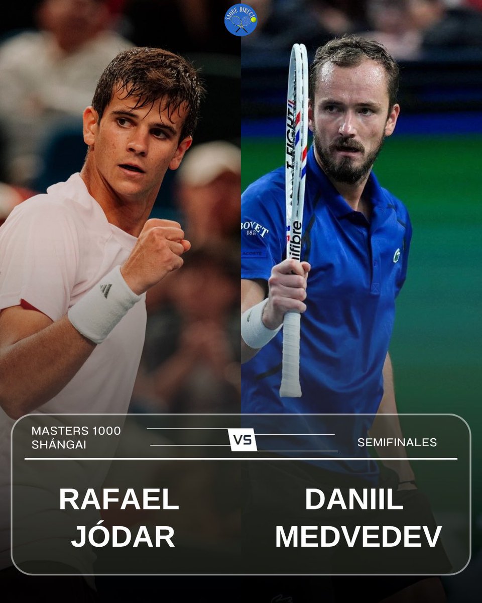 DirectoSaque's tweet photo. 🇪🇸 ¡JÓDAR, EN DIRECTO, A POR LA FINAL DE SHANGHÁI!

🔥 Rafa Jódar está disputando ahora mismo la segunda semifinal del Masters 1000 de Shanghái ante Daniil Medvedev. El español busca una plaza en la final, donde ya le espera Alejandro Davidovich.

🎾 El malagueño le espera https://t.co/hd3FaXVFaC