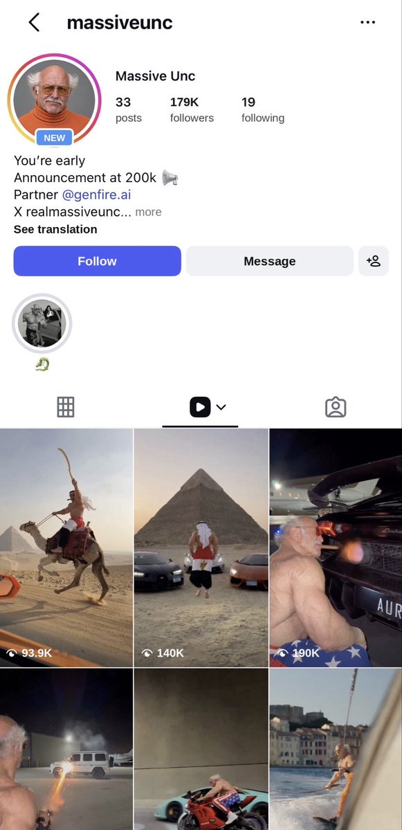 Beliy_95's tweet photo. DEAD INTERNET THEORY IS GETTING HARDER TO IGNORE 💀

An AI-looking grandpa is out here pulling millions of views, riding supercars, flexing luxury and living a life most people can only dream of.

Meet Massive Unc.
→ 179K Instagram followers → Just 33 posts → Multiple Reels pulling 100K–190K views → A character built around pure absurdity

The crazy part? You don't even need a realistic AI influencer anymore. Give people a recognizable character, an outrageous lifestyle, and content they can't scroll past.

The internet doesn't care if the character is real. It cares if the content is entertaining.
Are we watching the future of influencing or proof that the dead internet theory is becoming reality? 👀
