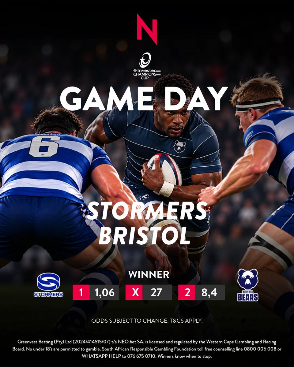 neobet_za's tweet photo. CHAMPIONS CUP OPENER! 🚨🏉🇿🇦

Evan Roos returns from injury alongside Siya Kolisi, Damian Willemse &amp; Cobus Reinach as the Stormers host Bristol Bears! 🍿   

Fresh off a 39-22 win over the Sharks, will Cape Town celebrate again? 💥   

👉 Bet at https://t.co/7TvDXwAJW8 https://t.co/OjHVYotcAg