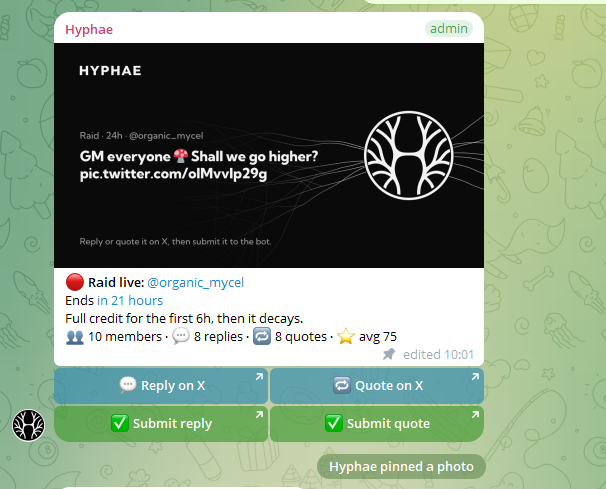 organic_mycel's tweet photo. The new Hyphae bot is live 🍄

Each raid gets a pinned card in Telegram: the post, a live countdown, one tap to reply on X, one tap to submit.

Scores come back privately. Results post when the raid ends.

Epoch 3 closed. Payout Sunday.

Coming: /top and an all-time leaderboard. https://t.co/0BPvmzZedG