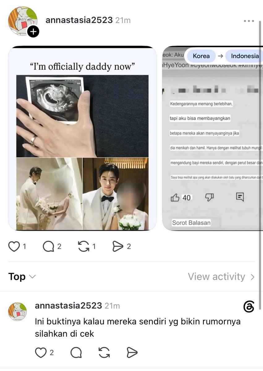agoodfangirl's tweet photo. jadi ternyata annastasia di threads yang nyebarin rumor itu SALAH TAFSIR postingan op korea.

op nya cuma manifesting bilang "KALAU mereka nikah terus hamil, bakal secinta dan semanja apa dijaganya" tp dianggepnya itu rumor hamil guys🤣🤣 terus dia sebarin as if itu orang korea sumber pertamanya🫪

jujur anak sd juga bisa bedain kl ini tuh doa🥲