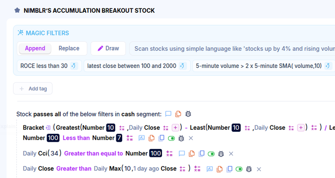 Deishma's tweet photo. After a successful Round-1 

The Accumulation Breakout Scanner is up for grabs for anyone who didn't get it last time.

This scanner searches for stocks that have spent
✅Roughly 10 sessions in a tight range 
✅Strong CCI momentum  
✅Attracting unusually high intraday volume.

The first 100 who comment & retweet get it.
Ones who got it before can skip this one

#nifty #stockstowatch #stockmarket