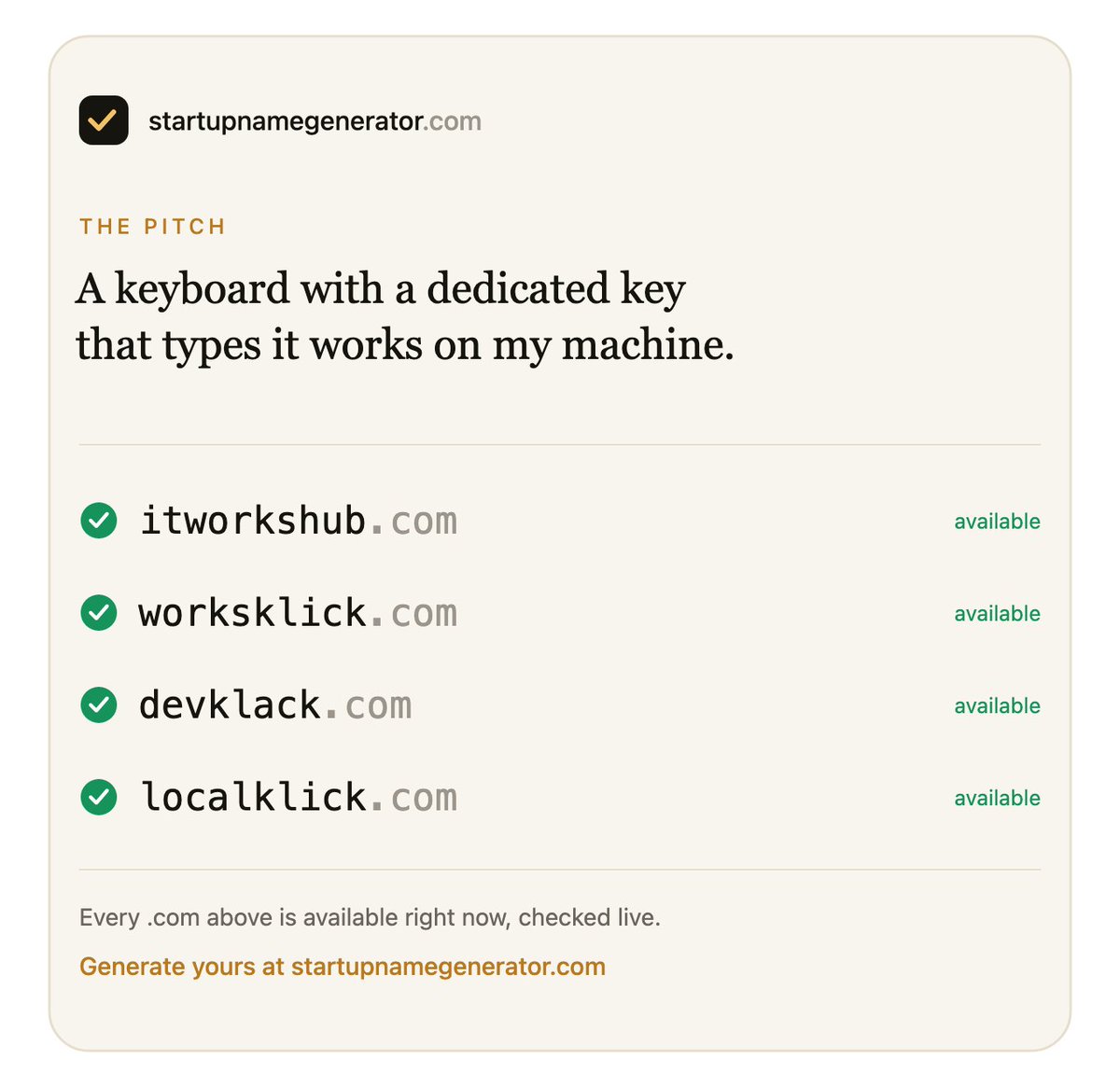 AlexCommitter's tweet photo. 🙃 The key is already worn smooth, and the keyboard shipped on Tuesday. Every .com above is available, checked live. Generate your own at https://t.co/tnxFpsKSiI. https://t.co/gOkBIznfXx