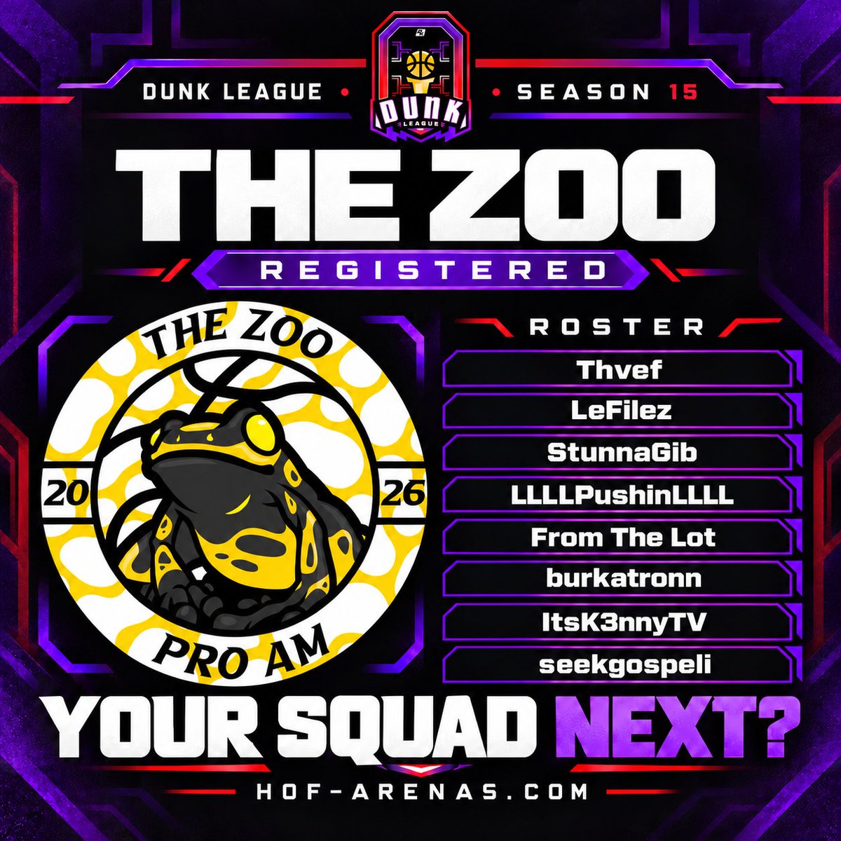 DUNKLeague2K's tweet photo. THE ZOO IS IN. 🏀🔥

The Zoo is registered for @DUNKLeague2K Season 15.

THE ROSTER
@thvef2k
@Filesyy
@heystunnagib
@pushin2k
From The Lot
@BurkReturns
@ItsK3nnyTV
@SeekGospeli

Your squad next?
Register: https://t.co/W9HT3OxfuE

#DunkLeague #NBA2K27 #ProAm https://t.co/g47G59S7hX