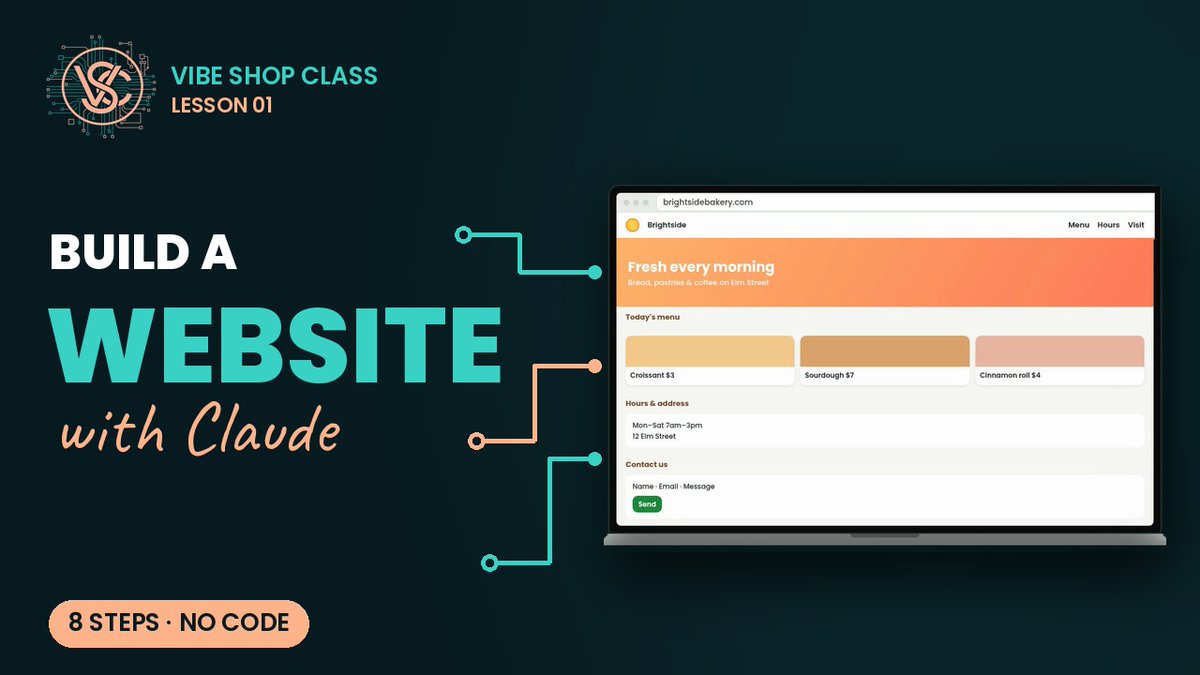 VibeShopClass's tweet photo. New lesson: build a website with AI, no coding needed.

A made-up bakery site, start to finish: name, domain, logo, design, built by Claude Code, live free on Netlify, on its own web address.

8 steps. Watch: https://t.co/ACWw7xY1Fh https://t.co/zON1mg5vuS
