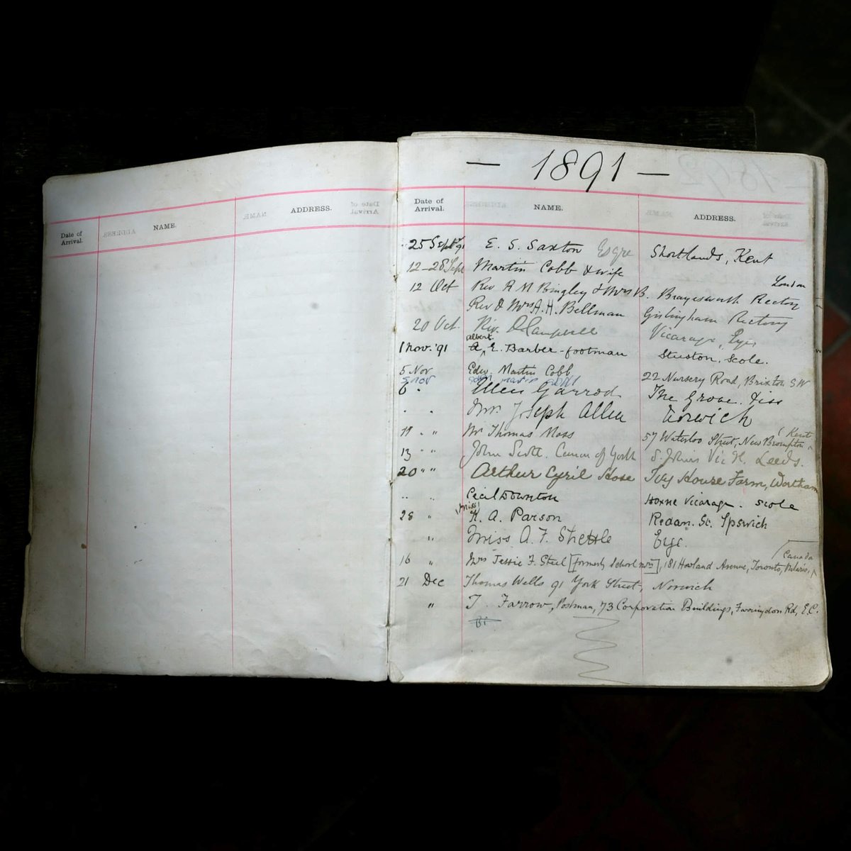 cbnewham's tweet photo. Visitors' book

Old books in churches are rare. This one, from 1891, is at Yaxley, Suffolk and is still in use. Edward Cobb's 1st visit was with his wife, Emma Frances. He was born in Yaxley &amp; was 35. Thomas Wells, a hat and cap manufacturer, was 49. J. Farrow says he's a postman https://t.co/jm156r0fKM