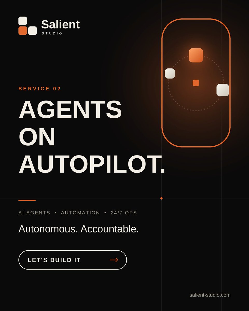rudraXcode's tweet photo. AI agents that work smarter. Automation that scales. 🚀

At Salient Studio, we build autonomous AI solutions designed to streamline workflows and drive real business impact.

Let’s build the future.

🌐 https://t.co/sKT82hpVLg

#SalientStudio  #Automation #ArtificialIntelligence https://t.co/ZO5MveXzij