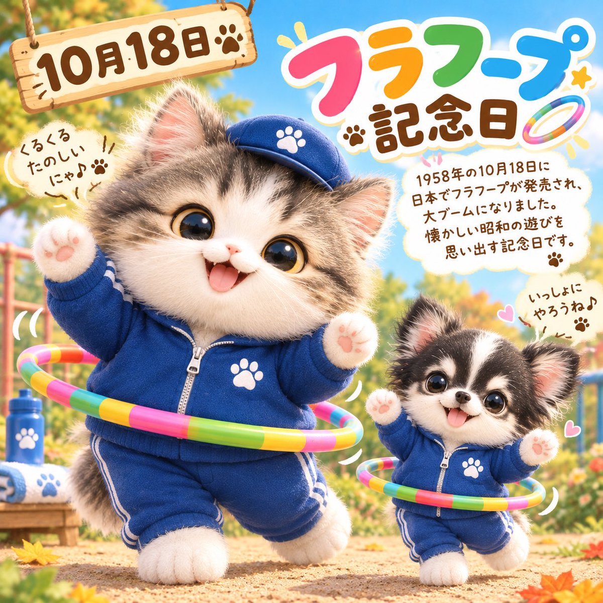 mofumofucat26's tweet photo. おはようございます☀️🐱🐶

今日は「フラフープ記念日」🎉✨

ねこ隊長とチワ美も、ジャージ姿でフラフープに挑戦中です😆
くるくる回して、朝から楽しく体を動かしましょう♪

皆さんも無理をせず、自分のペースで楽しい日曜日をお過ごしくださいね🍀

今日もよろしくお願いします😊🐾 https://t.co/0oxnApCkpL