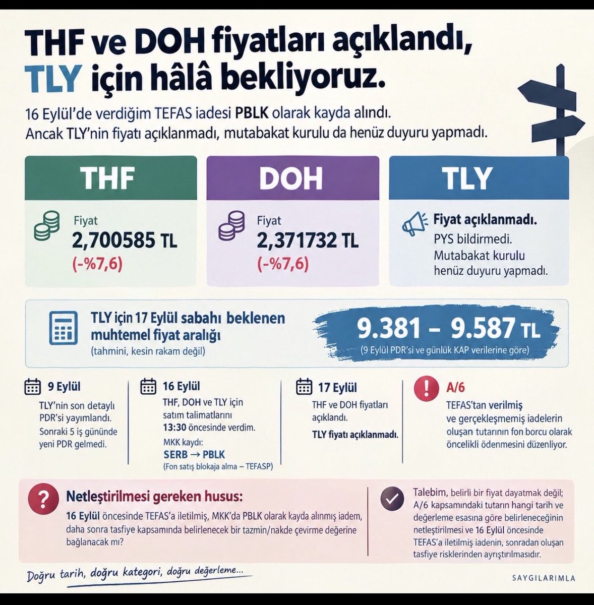 dondantemoninn's tweet photo. 17.ekm.26    ⏳15:23     ❌ T+31

Merhaba, kabus devam ediyor.. Bugun tam 1 AY oldu :/

Sayin Devlet Buyuklerimiz ve ilgili kurumlar,

📍 Oncelikle belirtmek isterim ki amacim herhangi bir fiyat yonlendirmesi yapmak veya manipulatif algi olusturmak degil. Resmi aciklamalari takip eden siradan bir yatirimci olarak, sosyal medyadaki farkli yorumlar nedeniyle kendi islemime iliskin hak kaybi endisemi paylasmak ve kayda gecirmek istiyorum. bir fiyat dayatmiyorum. A6 kapsamindaki tutarin hangi tarih ve degerleme esasina gore belirlenecegini bilmek istiyorum.

📍 Platformun olagan isleyisi surerken zamaninda satis emrini vermis yatirimcinin T+2 hakkinin T+120/150’ye otelenmesi, ciddi hukuki ihtilaflarin yani sira sermaye piyasalarina duyulan guvende de derin bir kirilma yaratmistir, devam da edecektir.. guvenin yeniden tesisi icin once alacaklilarin haklari eksiksiz teslim edilmeli, ardindan kalan nakit, pay sahiplerine dagitilmalidir.

📍 tek beklentimiz, normal piyasa akisinda verilmis satis emirlerinin sonradan ortaya cikan tasfiye/temerrut belirsizligi icinde kaybolmamasidir.. A6nin tarih ve degerleme esasi netlesmeli, #thf ve #doh icin mevcut fiyat acikligi #tly icin de saglanmalidir..

🎱 Mutabakat sonuclari ve odeme takvimi artik yatirimciyla paylasilsin. 1 AY gecti.. yeni bir sey istemiyoruz, sadece netlik ve adalet talep ediyoruz..

Ilgi ve alaka👇
@RTErdogan 
@memetsimsek @abakingurlek
@spkgovtr @isbankasi @MerkeziKayitTur @Takasbank @_cevdetyilmaz
#tmv #tp2

Kronolojik ozet 👇