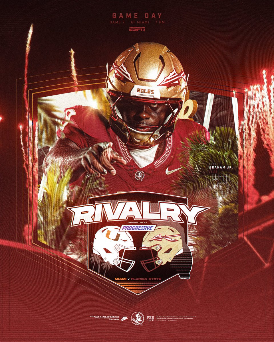 FSUFootball's tweet photo. Game day in Miami Gardens 🍢 

🕖 7:00 PM
🆚 Miami
🏟️ Hard Rock Stadium
📺 ESPN

📻 https://t.co/3Q9m0S06Zu

#NoleFamily | @progressive https://t.co/bXQ02FWfsv