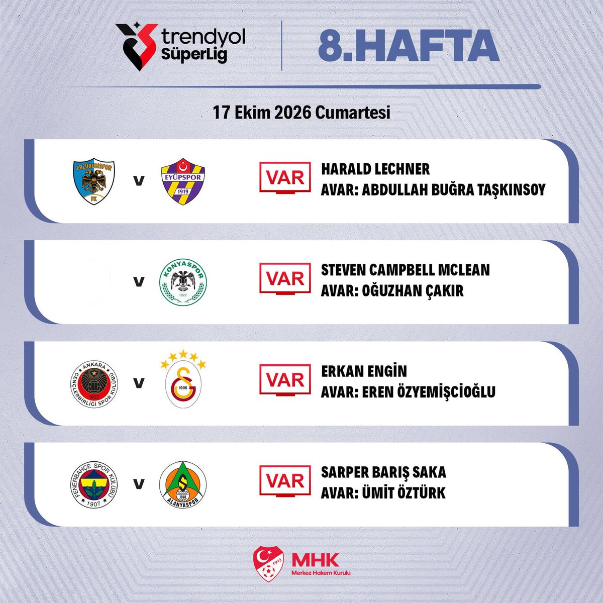 TemizLigFutbol's tweet photo. 🚨 Trendyol Süper Lig’de bugün oynanacak maçların VAR ve AVAR hakemleri belli oldu.
#TrendyolSüperLig #TFF #MHK #TemizLig https://t.co/0yPN2Bo5SY
