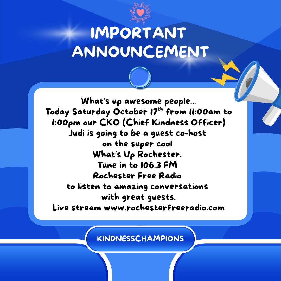 KindnessChamps's tweet photo. "Today is a good day to have a good day." Unknown
G'day great people🥰
From 11:00am to 1:00pm EST our Chief Kindness Officer is going to be a co-host on the super cool What's Up Rochester🥳 Tune into 106.3 FM or live stream https://t.co/DyMlvU1vob😎 #thrilled #excited❤️ https://t.co/hcUNdFDrop