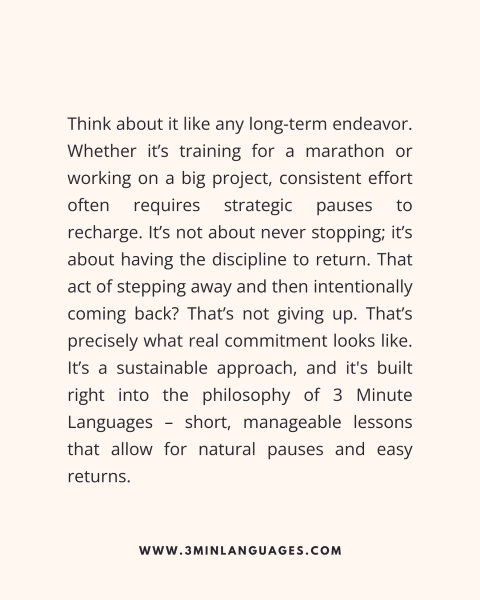 3MLanguages's tweet photo. Take breaks, and come back.
 Rest is part of the plan.
 👉 Sustainable learning: https://t.co/zJMA7G83iy

#3MinuteLanguages #StudyIn3 #LanguageLearning #MicroLearning #Consistency #LearnFrench #LearnSpanish #LearnGerman #LearnItalian #LearnPortuguese https://t.co/6EsZnibr3P