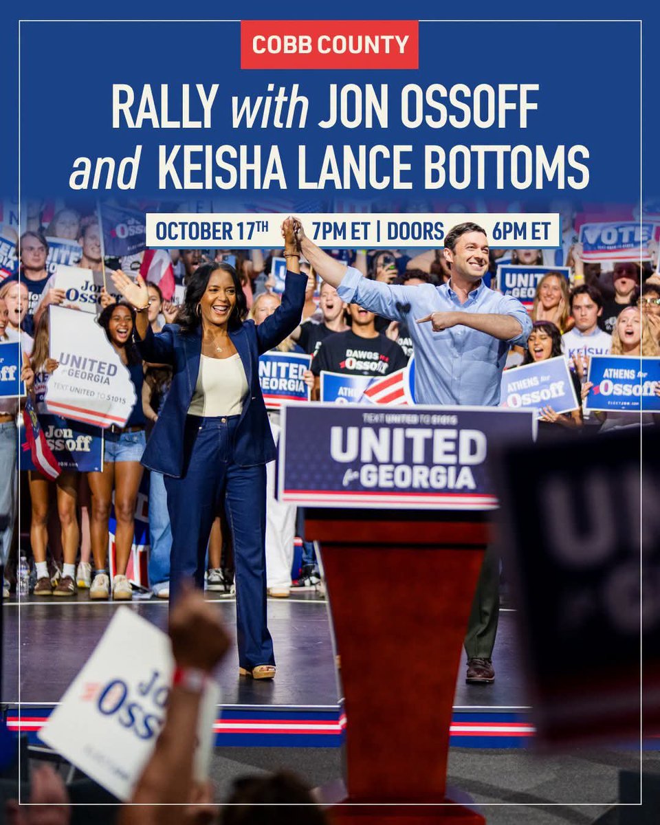 scott_apri82057's tweet photo. Georgia, early voting is happening TODAY! Grab your people and head to the polls for our dynamic duo: Keisha Lance Bottoms for Governor and Jon Ossoff for Senate and ALL Democrats on the ballot. Let's get it! Find your early voting location at https://t.co/vPv8roF54G ☑️🗳💙
#Teamwork #BlueGeorgia
