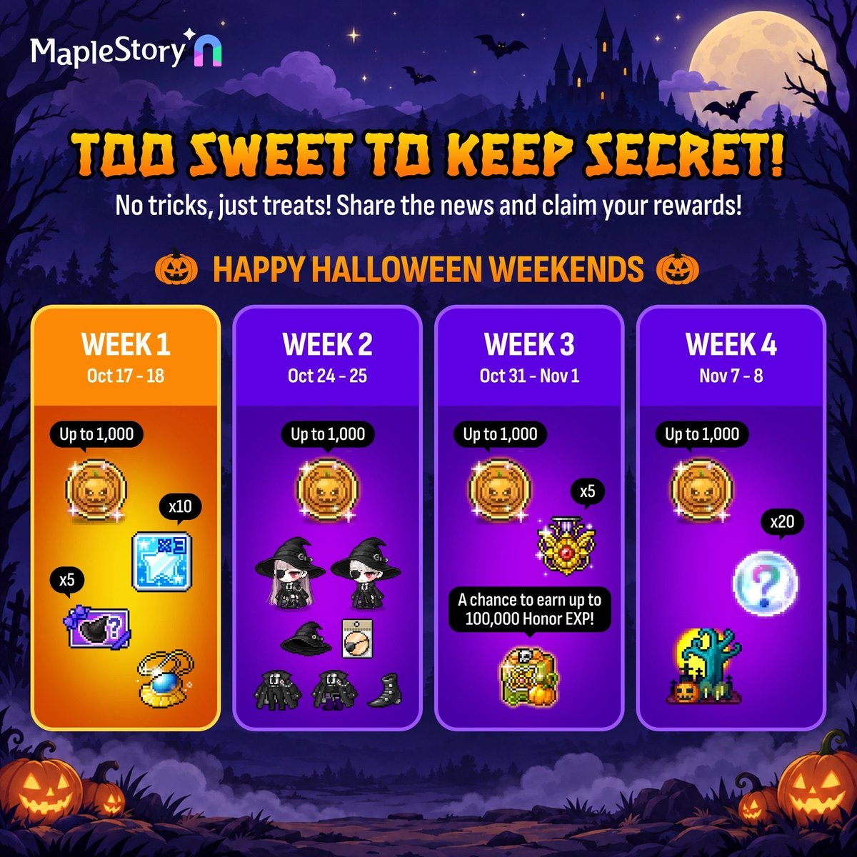 KUROM_MSU's tweet photo. Too sweet to keep to myself! 🍬

Spooky season is here in MapleStory N! Log in over the weekend for extra treats! 🎃

Wanna join me for some spooky MapleStory N fun? 👻

IGN: KUROM
World: Errai

@maplestoryu #MapleWeeN #MapleStoryN https://t.co/o2CksRcIZ1