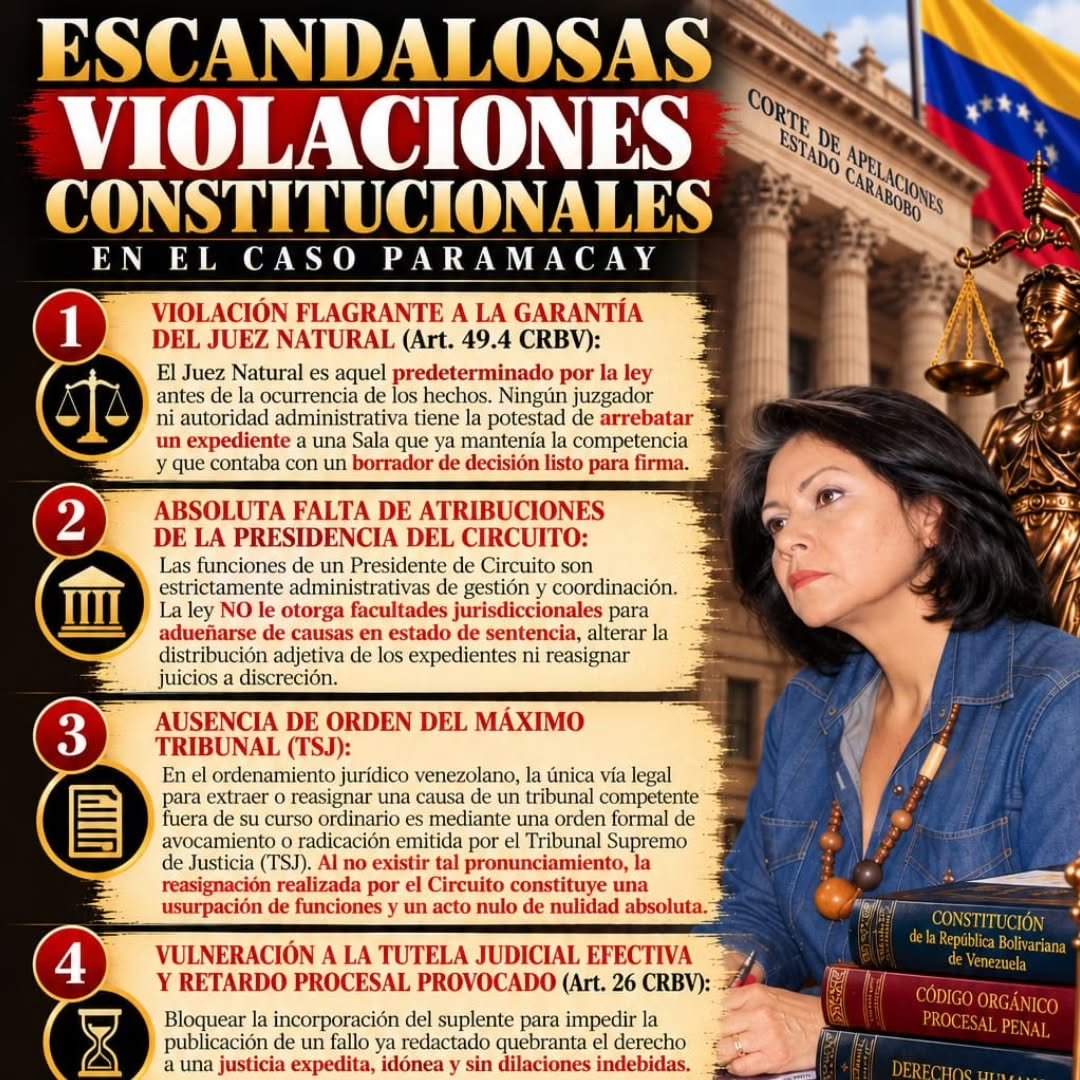 nelsonpvzla2's tweet photo. La abogada del Foro Penal Jennie Gutiérrez, representante de la defensa técnica, denuncia 𝗲𝘀𝗰𝗮𝗻𝗱𝗮𝗹𝗼𝘀𝗮𝘀 𝘃𝗶𝗼𝗹𝗮𝗰𝗶𝗼𝗻𝗲𝘀 𝗰𝗼𝗻𝘀𝘁𝗶𝘁𝘂𝗰𝗶𝗼𝗻𝗮𝗹𝗲𝘀 𝗲𝗻 𝗲𝗹 𝗰𝗮𝘀𝗼 𝗣𝗮𝗿𝗮𝗺𝗮𝗰𝗮𝘆:

• Violación flagrante a la garantía del juez natural (Art. 49.4 CRBV):
El juez natural es aquel predeterminado por la ley antes de la ocurrencia de los hechos. Ningún juzgador ni autoridad administrativa tiene la potestad de arrebatar un expediente a una Sala que ya mantenía la competencia y que contaba con un borrador de decisión listo para la firma.
• Absoluta falta de atribuciones de la Presidencia del Circuito:
Las funciones de un Presidente de Circuito son estrictamente administrativas, de gestión y coordinación. La ley no le otorga facultades jurisdiccionales para adueñarse de causas en estado de sentencia, alterar la distribución adjetiva de los expedientes ni reasignar juicios a su discreción.
• Ausencia de orden del Máximo Tribunal (TSJ):
En el ordenamiento jurídico venezolano, la única vía legal para extraer o reasignar una causa fuera de su curso ordinario en un tribunal competente es mediante una orden formal de avocamiento o radicación emitida por el Tribunal Supremo de Justicia (TSJ). Al no existir tal pronunciamiento, la reasignación realizada por el Circuito constituye una usurpación de funciones y un acto nulo de nulidad absoluta.
• Vulneración a la tutela judicial efectiva y retardo procesal provocado (Art. 26 CRBV):
Bloquear la incorporación del suplente para impedir la publicación de un fallo ya redactado quebranta el derecho a una justicia expedita, idónea y sin dilaciones indebidas.
• Incompetencia por actuación previa:
La Sala 2 del Circuito Judicial Penal, al haber conocido este año dos amparos y la apelación de la amnistía, no puede conocer esta causa.

Exigencia jurídica: 𝗥𝗲𝘀𝘁𝗶𝘁𝘂𝗰𝗶𝗼́𝗻 𝗶𝗻𝗺𝗲𝗱𝗶𝗮𝘁𝗮 𝗱𝗲 𝗹𝗮 𝗰𝗮𝘂𝘀𝗮

Frente a la gravedad de estos hechos, la exigencia legal e institucional es clara: la causa penal debe ser remitida de inmediato a su Sala y juez natural originario, procediendo a la juramentación inmediata del juez suplente que corresponda, para que el tribunal originario estampe sus firmas y publique la decisión conforme al proyecto redactado.

El caso está siendo elevado ante la Fiscalía General de la República en Caracas, la Comisión Judicial del TSJ y la Inspectoría General de Tribunales (IGT).
