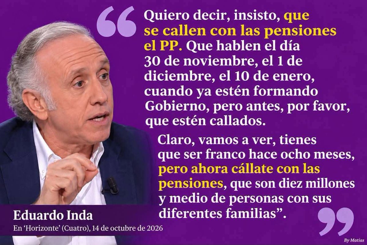 Ramdondevas's tweet photo. @NunezFeijoo No hables de prestaciones ni pensiones, ya te lo ha dicho Inda, no vayamos a enterarnos de que las vas a hacer desaparecer. https://t.co/ToLEs68xUG
