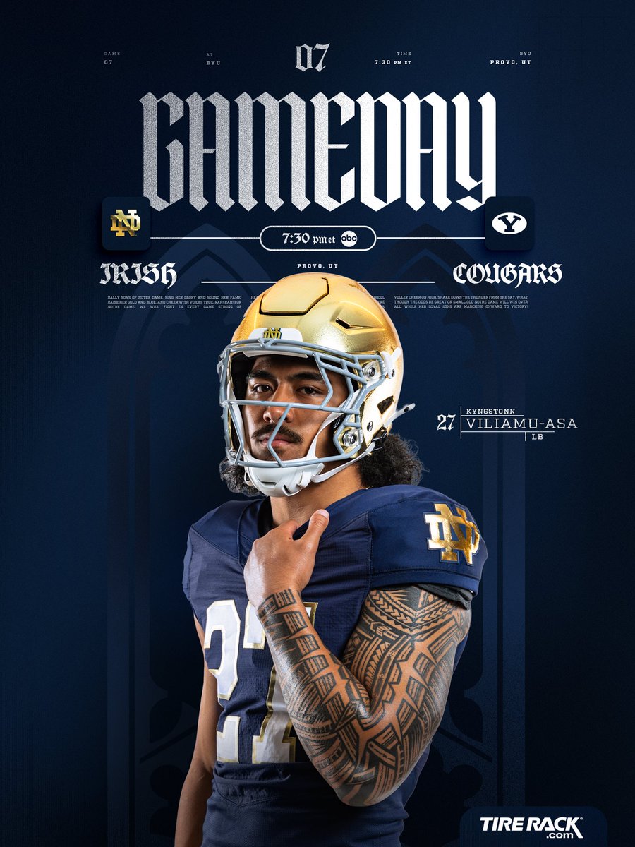 NDFootball's tweet photo. GAMEDAY

 at BYU
📍 Provo, Utah
📆 Saturday, Oct. 17
⏰ 7:30 PM ET
📺 ABC
📻 https://t.co/Y9oMuqv46C

#GoIrish☘️ | @tirerack https://t.co/uFsC1eEWTk