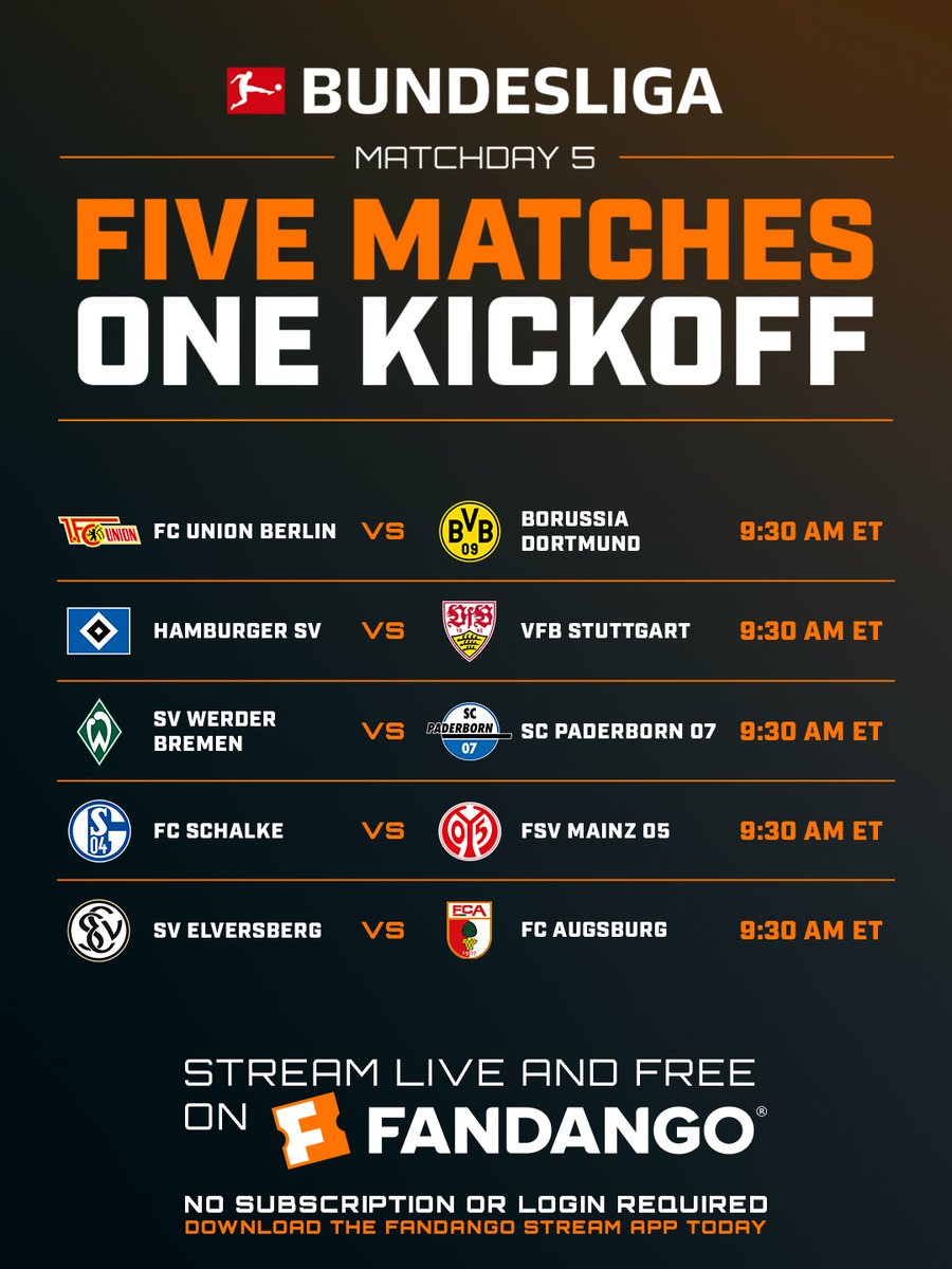 FandangoStream's tweet photo. 5 MATCHES ⚽ 1 KICKOFF

Tune in today at 9:30am ET for more #Bundesliga action live and free on Fandango. https://t.co/yfovEi6v45
