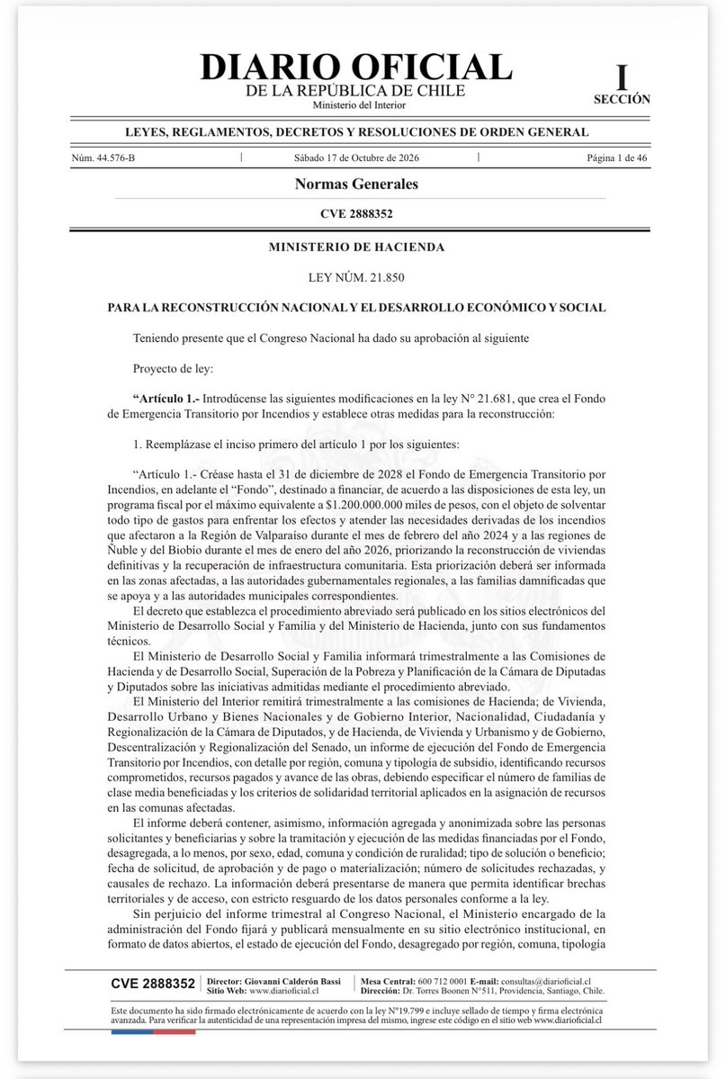 MaximoPavezC's tweet photo. ¡Ya es ley!. Hoy en Diario Oficial se publicó la ley 21.850, ley para la reconstrucción nacional y el desarrollo económico y social 

¡Fundamental para volver a crecer! @GobiernodeChile https://t.co/7wXZW1Dlit