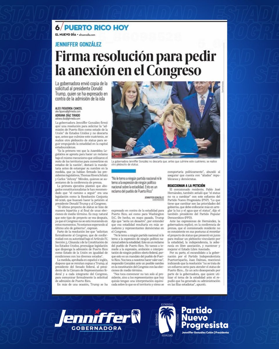 pnp_pr's tweet photo. ¡Llegó el momento de la IGUALDAD plena para Puerto Rico! 🇺🇸🇵🇷

Nuestra gobernadora y presidenta del PNP, @Jenniffer González Colón, lleva el reclamo de la estadidad ante el Congreso de los Estados Unidos para que se respete la voluntad de nuestra gente. https://t.co/EupqMT5xRK