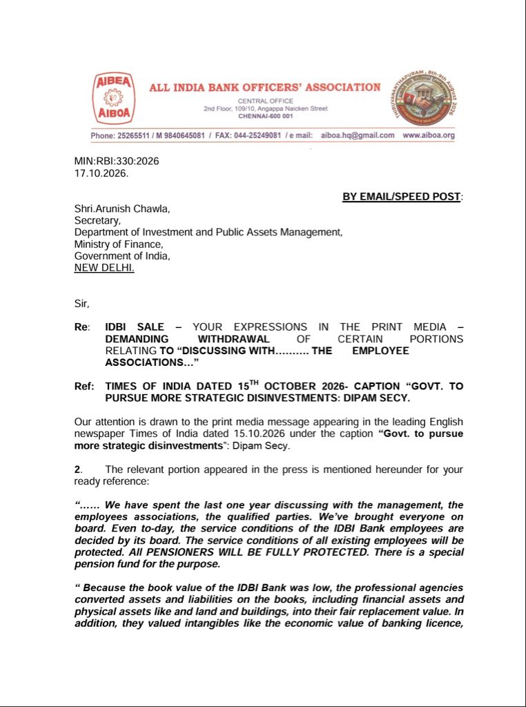 YouFBeYou's tweet photo. 🚨 IDBI DISINVESTMENT: STOP CLAIMING CONSULTATIONS THAT NEVER HAPPENED!

In a strong letter to @SecyDIPAM, AIBOA General Secretary S. Nagarajan has challenged the claim that employee associations were consulted on IDBI Bank’s disinvestment.

Despite strike notices dated 06.01.2026 & 26.08.2026 and attempts at conciliation, AIBOA states that DIPAM never held discussions with the Association on the proposed sale.

A profit-making public sector bank is not a commodity to be handed over to foreign investors!

PSBs are nation-building institutions. Protect IDBI. Respect employees. Stop disinvestment!

#SaveIDBI #StopDisinvestment #AIBOA #SavePublicSectorBanks