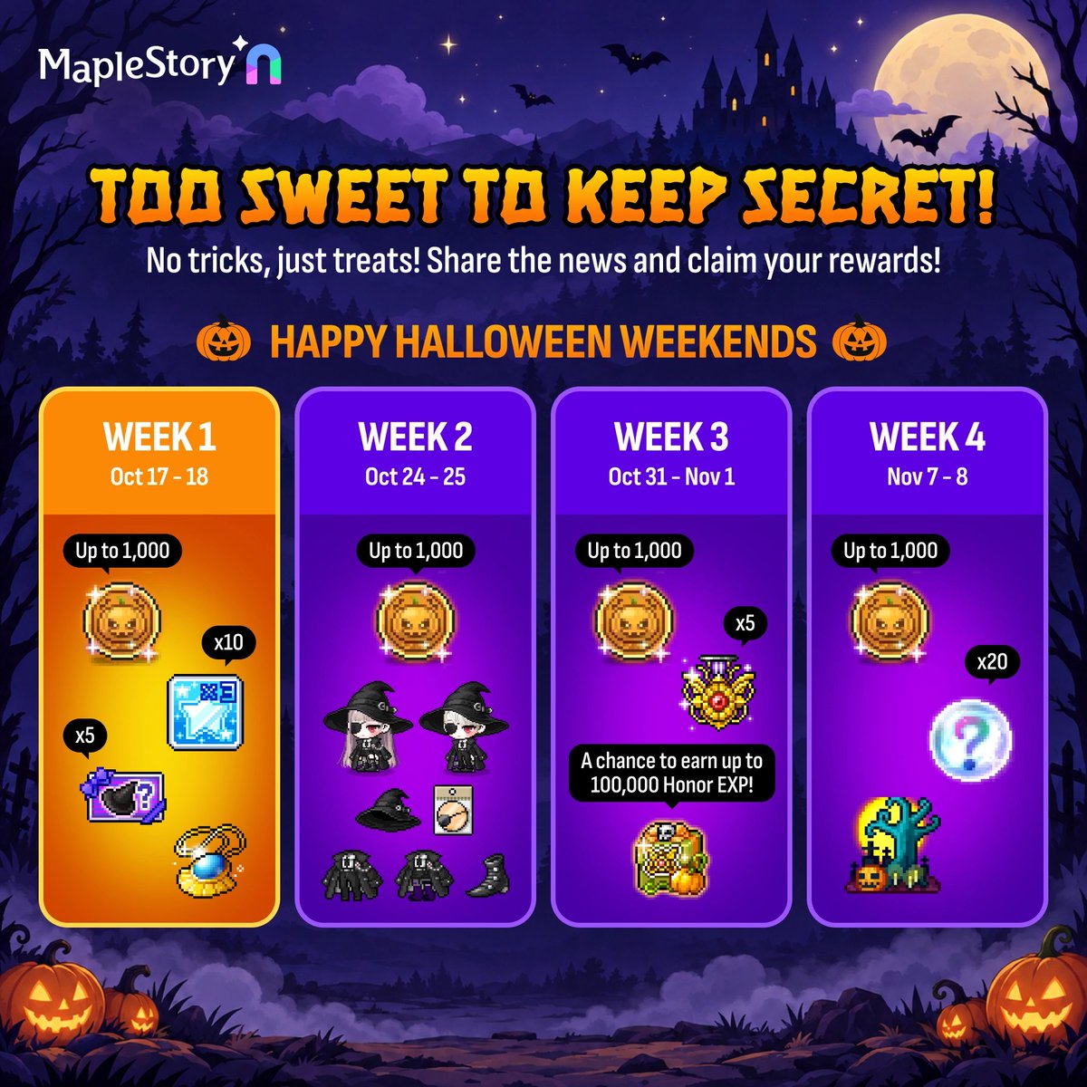 BalooBishop's tweet photo. Too sweet to keep to myself! 🍬
Spooky season is here in MapleStory N! Log in over the weekend for extra treats! 🎃
Wanna join me for some spooky MapleStory N fun? 👻

IGN: Baloo
World: Ain
@maplestoryu #MapleWeeN #MapleStoryN https://t.co/NFtQlqqLNv
