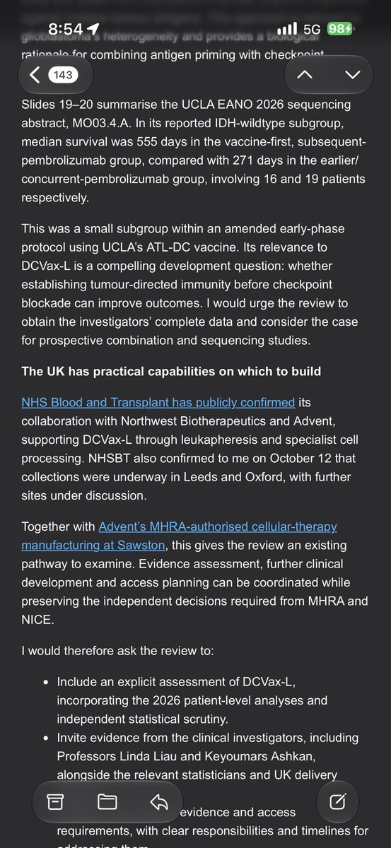 andrewcaravello's tweet photo. $NWBO | ACCOUNTABILITY REQUIRES A VOICE

I sent Professor Anthony Chalmers, who is leading the UK’s brain cancer review, a detailed, evidence-based letter urging a comprehensive assessment of DCVax-L, including the latest clinical findings and developments.

I’m sharing that letter publicly for a reason.

Decision-makers need to know we are paying attention. We follow the science, understand the evidence, ask informed questions, and are willing to speak up.

Silence gives those in authority too much latitude to make decisions without meaningful scrutiny. It also leaves room for outside influences and unchallenged assumptions to shape outcomes.

Speaking up isn’t interference. It’s accountability.

We are not asking anyone to abandon scientific standards. We are insisting that those standards be applied fairly, consistently, and transparently.

Scrutiny cannot stop at the treatment. It must extend to the decisions that determine whether patients ever gain access to it.

For Braelyn. For every patient and family waiting for better options.

Our voices deserve to be heard. The evidence deserves to be examined. And every decision deserves accountability.

$NWBO #DCVax #DCVaxForBraelyn #GBM #Glioblastoma #BrainCancer #BTSM #Immunotherapy #PatientAccess