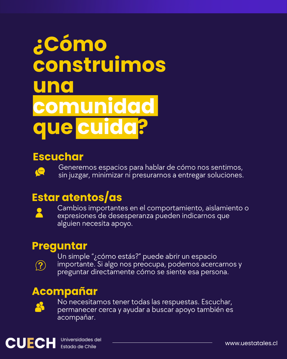 uestatales's tweet photo. Escuchar sin juzgar, estar atentos a quienes nos rodean, preguntar cómo están y ayudar a conectar con redes de apoyo son acciones que pueden marcar una diferencia. No necesitamos tener todas las respuestas: acompañar también significa reconocer cuándo es necesario pedir ayuda. https://t.co/DA1UbzTZuf