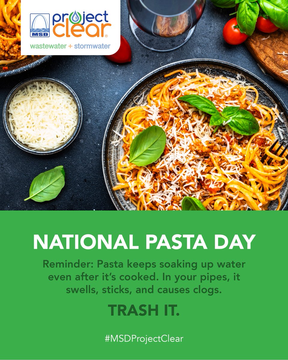 MSDProjectClear's tweet photo. Happy #NationalPastaDay! Remember to NOT put those leftover sauces and butter down the drain! Scrape that into the trash! https://t.co/xZv6qiLnqi