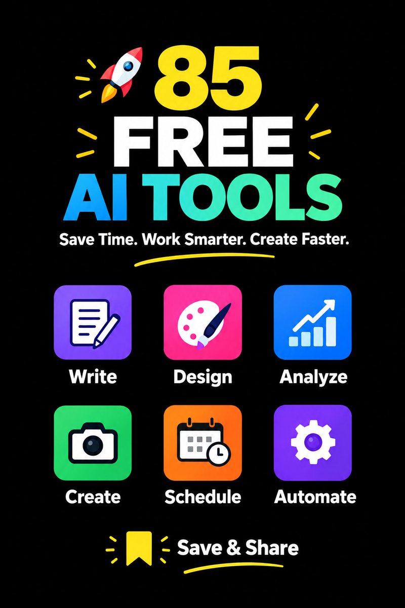 dailywisdom89's tweet photo. 🚀 85 FREE AI TOOLS

✍️ Write
🎨 Design
📊 Analyze
📸 Create
📅 Schedule
⚡ Automate

💡 Save Time. Work Smarter.
🔖 Save • Share https://t.co/uWWYL63OF2