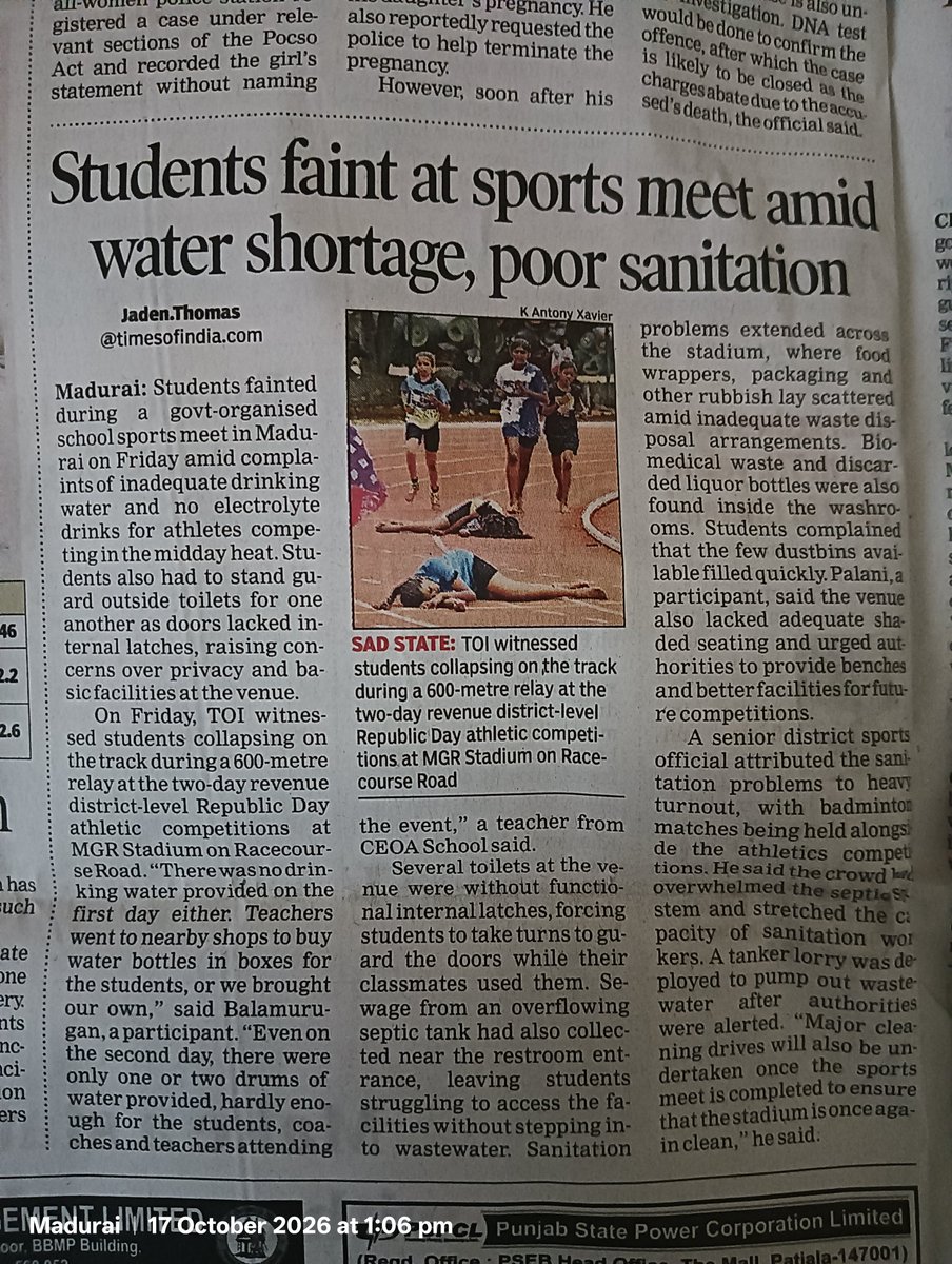 ramsundaramTOI's tweet photo. Students fainted at a govt-organised sports meet in #Madurai amid shortages of drinking water &amp; electrolyte drinks.

Toilets lacked latches, forcing students to stand guard as friends used them. Sewage overflowed &amp; biomedical waste lay strewn around.

My colleague Jaden reports. https://t.co/dTcvdrYtwk