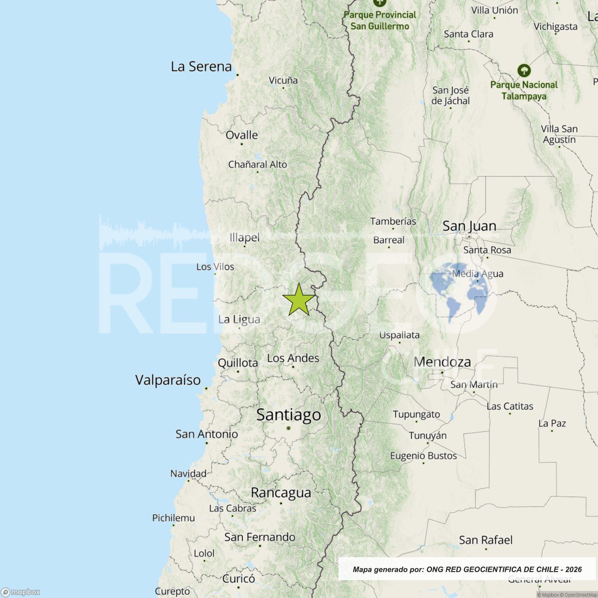 RedGeoChile's tweet photo. REVISADO ⚠️ | Un sismo de magnitud 3.3 (Mlv) ocurrió a las 03:43:04 horas de hoy, sábado 17 de octubre de 2026, a 38 km al sur de Mina Los Pelambres (región de Coquimbo), con una profundidad de 99 kilómetros (Fuente: #CSN).
🚩 Lista de intensidades en la escala de Mercalli Modificada:
Salamanca: II*
Fuente: (*) Red de Informantes Mercalli de RedGeoChile.