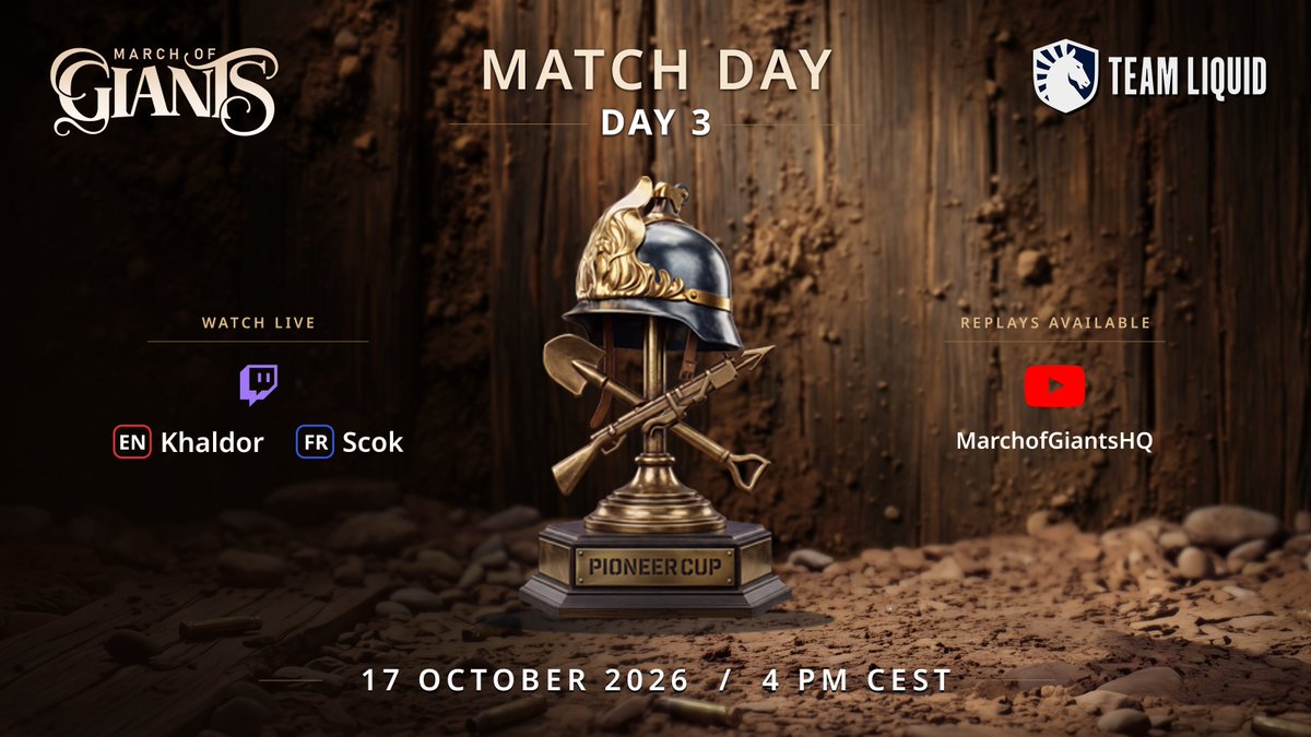 Khaldor's tweet photo. It's day 3 of the €4000 @marchofgiants Pioneer Community Cup, and we are down to our 6 top teams! Who will come out of the penultimate day in the top 3? Tune in to find out!

🇬🇧 https://t.co/efd2FP3Nsc 
🇫🇷 https://t.co/jkuZAdVYoz https://t.co/ylrNqXmUh7