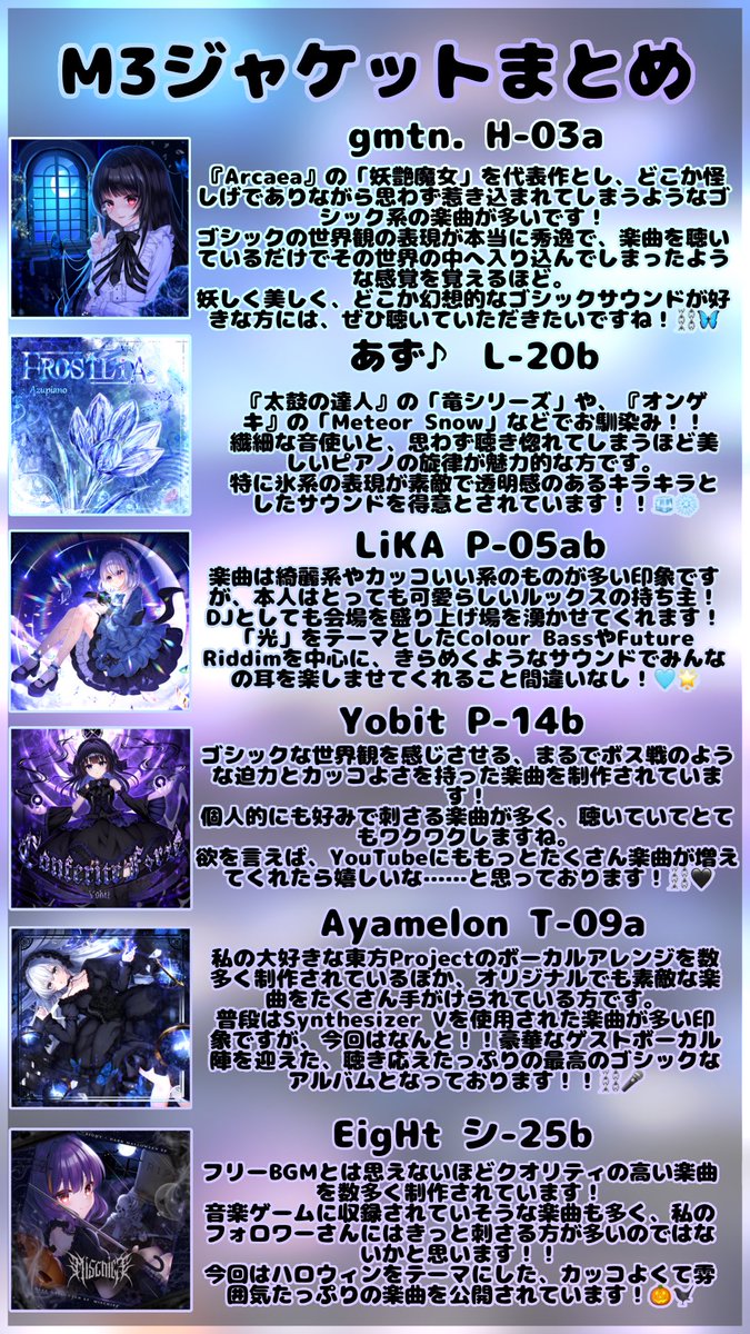 sen_art1023's tweet photo. 2026秋M3は沢山ジャケットを描かせて頂いたので分かりやすくまとめてみました〜！！

https://t.co/rq5X3miKYd
⬆️のリンクからジャケットをタップしてもらうと各々の作曲者様方のXFDに飛ぶようになっていますので気になるよ〜って方はぜひ見に行ってほしいです〜〜！！ https://t.co/ofk9Isezxb