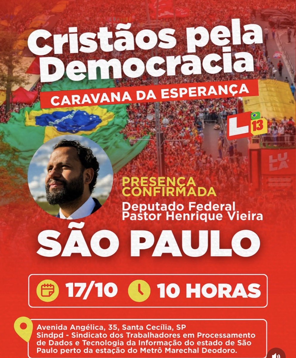 pastorhenriquev's tweet photo. São Paulo, é hoje! A Caravana da Esperança chegou!

Vamos fortalecer nossa fé, defender a democracia e multiplicar a esperança pelo Brasil!

📅 17 de outubro (sábado)
📍 Sindpd – Avenida Angélica, 35, Santa Cecília, SP.

Já estamos aqui! Vamos juntos, com fé no futuro! https://t.co/1opXFKRdOo