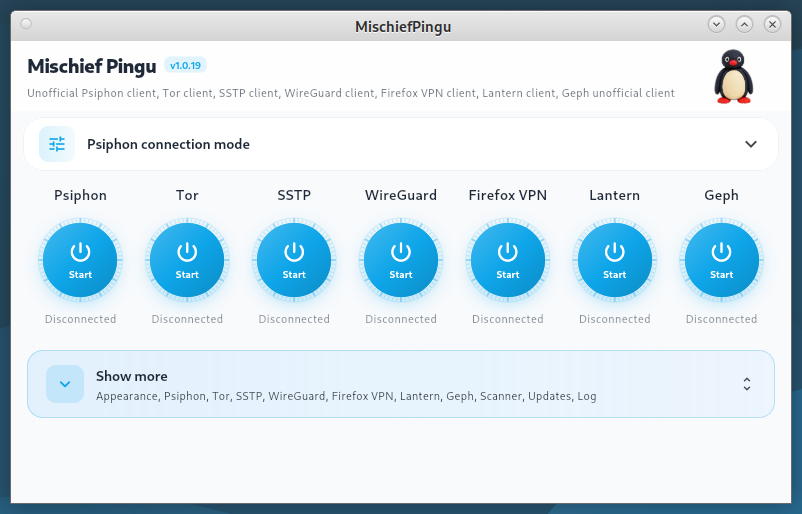tenblockperhour's tweet photo. New version of MischiefPingu (1.0.19) 🐧
Added Geph core.
Multi-core: Psiphon • Tor • SSTP • WireGuard • Firefox VPN • Lantern • Geph
Linux &amp; Windows
https://t.co/VNuQyNhn1J #OpenSource #Geph #Privacy https://t.co/uYwdOMgtXg