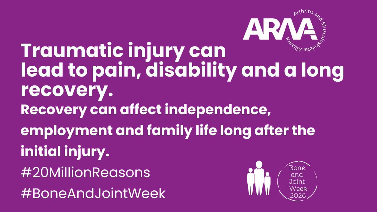 WeAreARMA's tweet photo. Today is #WorldTraumaDay.
Behind every traumatic injury is a person.
A person whose life can change in an instant. Someone who may face pain, disability, loss of independence, time away from work, or a long journey of rehabilitation and recovery.
During #BoneAndJointWeek, we’re thinking about all those people, and the 20 million people across the UK living with an MSK condition.
Because 20 million reasons means 20 million individual lives, experiences, and stories.
This World Trauma Day, we’re recognising the people behind the statistics and the healthcare professionals who support them through some of the most difficult moments of their lives.
20 million people. 20 million reasons to prioritise MSK health.
#WorldTraumaDay #BoneAndJointWeek   #20MillionReasons #MSKHealth