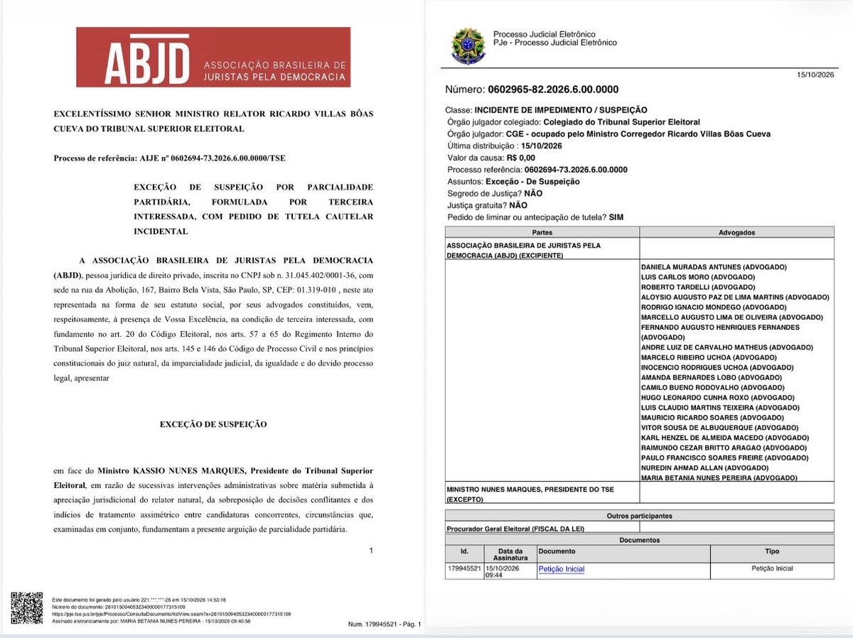MarceloUchoa_'s tweet photo. A Associação Brasileira dos Juristas pela Democracia (ABJD) ajuizou Exceção de Suspeição contra o Ministro Kassio Nunes Marques no Tribunal Superior Eleitoral (TSE). Meu pai, Inocêncio Uchôa, e eu, tivemos a honra de subscrevê-la. Eleições se decidem no voto, nada de tapetão!! https://t.co/aKflhbOs6n