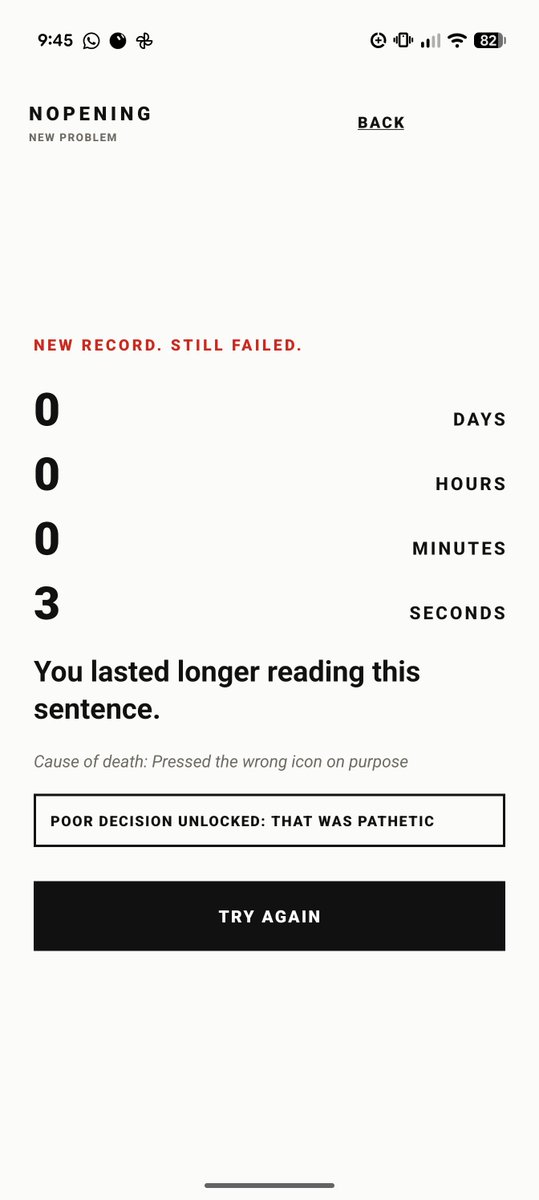 DeUnaStudio's tweet photo. @NopeningApp tested it lol. 3 seconds, new record, still failed. the app roasting me is the best part https://t.co/tBK7cbV3FL