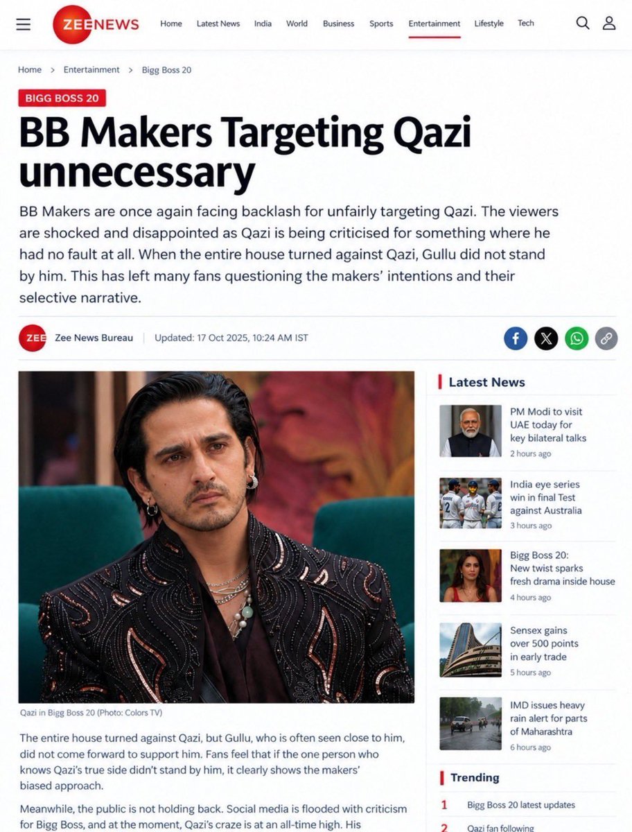 Rajivshukl26128's tweet photo. "Spoke to a member from Zee News IT Cell earlier. According to them, the news currently circulating is completely false and the article itself is AI-generated.
Such posts are expected to be removed, and the accounts behind them may face suspension.
#BiggBoss20" https://t.co/vAFHqiE6xa