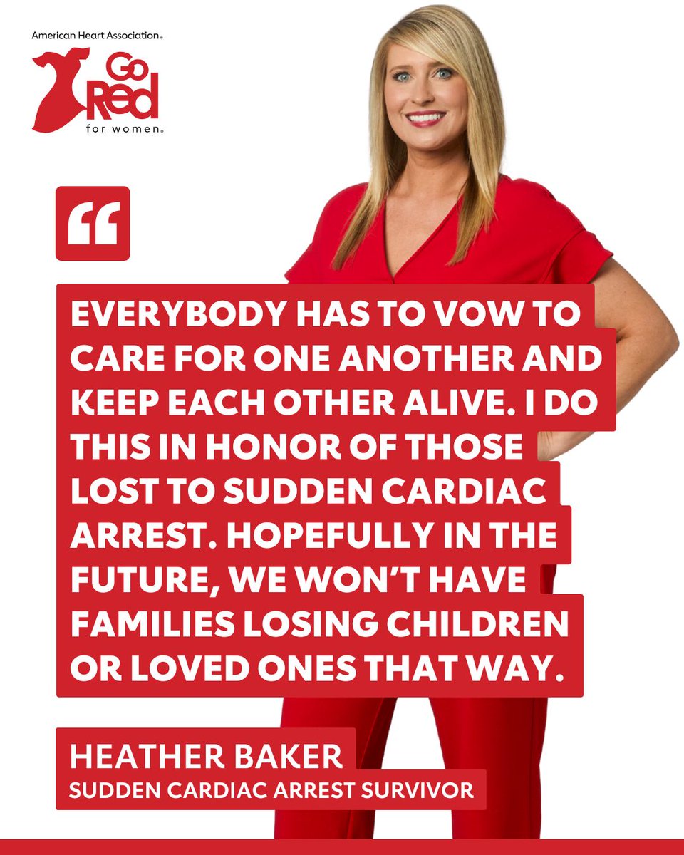 GoRedForWomen's tweet photo. Heather Baker was a healthy woman in her late 20s when she suffered sudden cardiac arrest. While waiting for help, co-workers used CPR and AED skills they had recently learned to save her life.

Heather knows how lucky she is to be alive because so few bystanders are trained or willing to perform CPR, especially on a woman. A survey shows that only half of Americans would perform bystander CPR.

Heather has taught CPR to more than 5,000 people.
