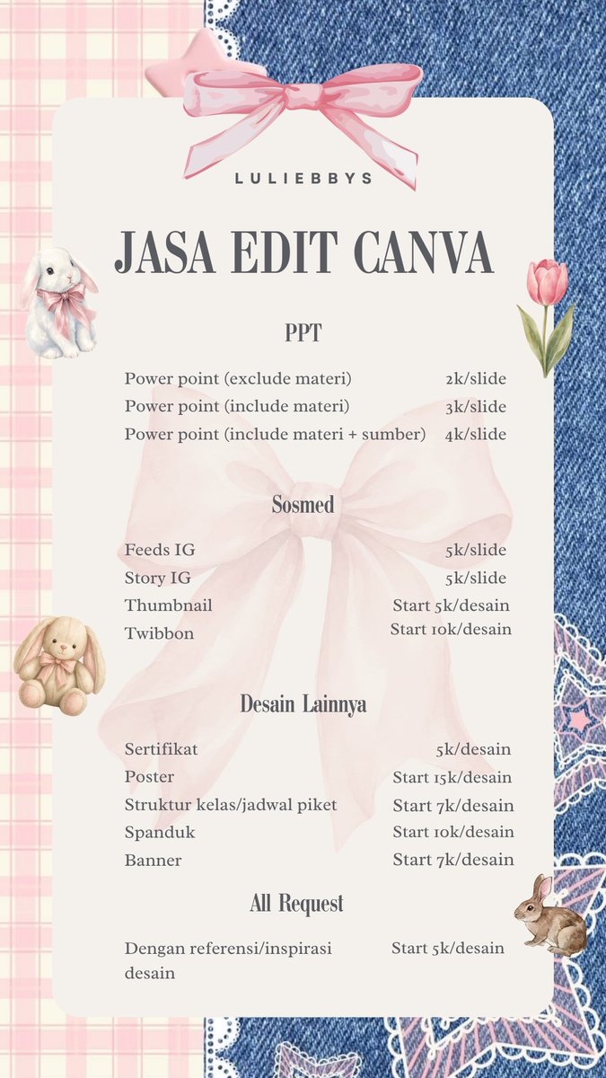 luliebbys's tweet photo. ୨୧ ‧₊˚ ⋅ open jasa edit canva 🎀

haloo, aku buka jasa edit canva nih!buat kalian yang butuh PPT, poster, atau desain lainnya, boleh banget order di aku yaa 🌷

harga mulai 2k ajaa, bisa req sesuai kebutuhan kalian ✨

𐙚 X: @luliebbys

#zonauang #jokimurah #canva #jasaedit https://t.co/SmVjWdacKz