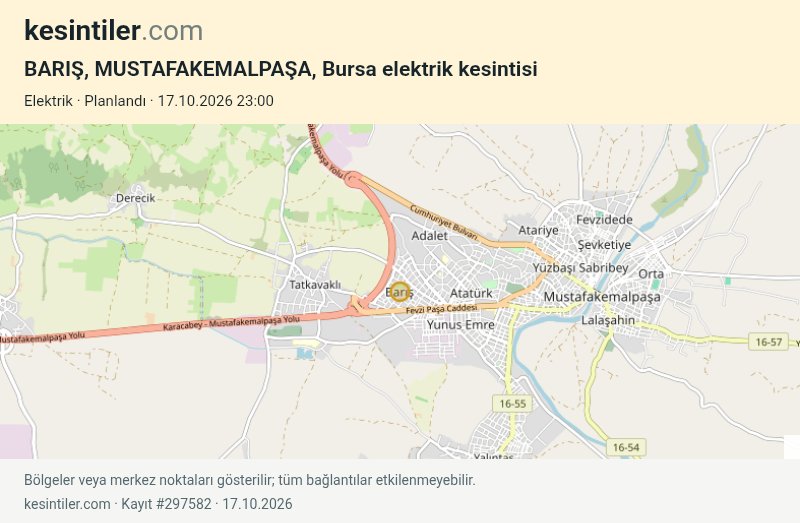 kesintiler_app's tweet photo. ⚡️ MUSTAFAKEMALPAŞA, BURSA Elektrik Kesintisi

🏢 UEDAŞ (Uludağ Elektrik Dağıtım) · Planlı

⏳ Başlangıç: 17.10.2026 23:00
⌛️ Tahmini Bitiş: 17.10.2026 23:59

ℹ️ Kesinti Nedeni
👷 ABONE BAĞLAMA

🗺️ Etkilenen Bölgeler
📍 BURSA / MUSTAFAKEMALPAŞA / BARIŞ / 101 NOLU
📍 BURSA / MUSTAFAKEMALPAŞA / BARIŞ / 108 NOLU