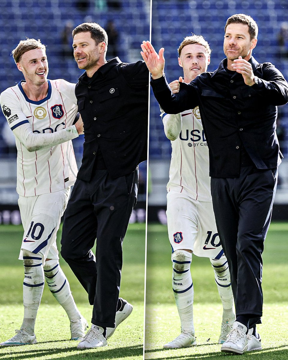 ESPNUK's tweet photo. Cole Palmer pushed Xabi Alonso towards the Chelsea away fans to make sure he got some love 🫶 https://t.co/8xpJuWJEze