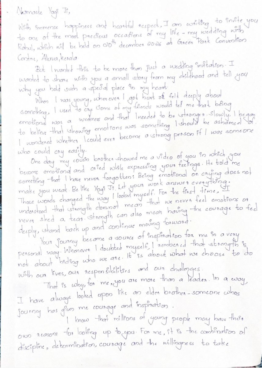 PTI_News's tweet photo. Uttar Pradesh Chief Minister Yogi Adityanath (@myogiadityanath) received a handwritten letter from Arundhati, a woman from Kerala who regards him as an elder brother. In the letter, she invited him to her December 20 wedding and sought his blessings for the couple.

(Image Source: Third Party)

#UttarPradesh