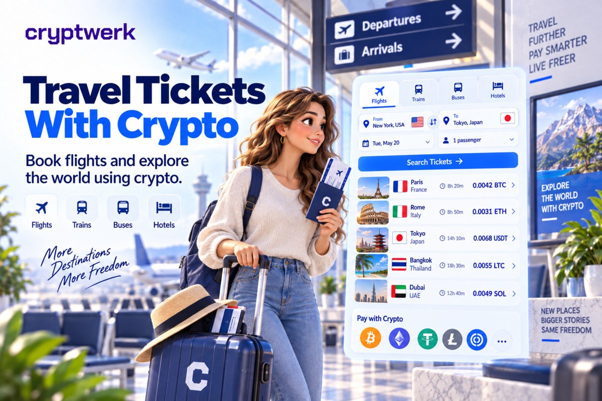 Cryptwerk_com's tweet photo. Travel Tickets with Crypto

Make crypto part of a well-checked travel plan.

Crypto-friendly ticket services can cover flights, trains, buses, ferries and attractions. Before purchase, verify the final price, baggage or entry rules, delivery format, changes and refunds. Current leading entries include Alternative Airlines, Destinia, https://t.co/OFjcpIp5wL, Expedia and AirBaltic.

📣 Explore travel tickets https://t.co/yBc2liqhkr

#TravelTickets #CryptoTravel #PayWithCrypto