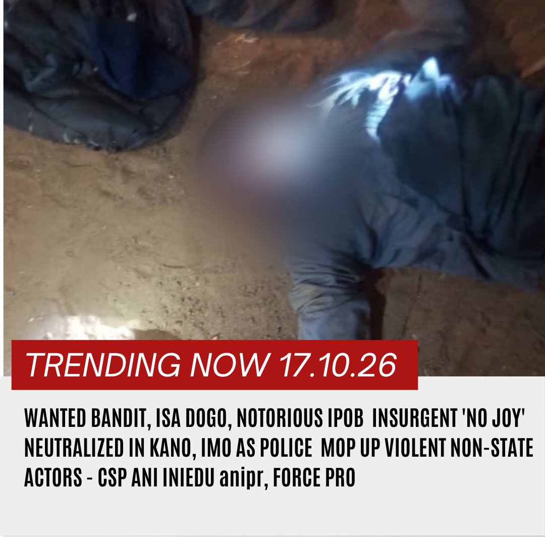 CspIniedu's tweet photo. 🚨TRENDING TODAY: NPF 24HR OPERATIONAL SUCCESSES 🚨

Kindly find below the Top 10 State-by-State Executive Summary of @policeNG Operational Successes for 17th October, 2026 :

1. IMO STATE: ARREST OF IPOB/ESN KINGPIN / RECOVERY OF AK-47 RIFLE AND AMMUNITION

✅ Police operatives arrested a suspected IPOB/ESN kingpin (Amos Anyibo, aka "No Joy") linked to attacks on vigilantes, assassinations, and kidnappings within Oru-West LGA, alongside three other suspects.
✅ One unnumbered AK-47 rifle, 21 rounds of 7.62mm live ammunition, Android phones, and charms were recovered. The suspect confessed to multiple heinous crimes and disclosed a camp in Anambra State where kidnapped victims are held.
🔹 Status: SCID Owerri Investigating.

2. KANO STATE: RESCUE OF TWO KIDNAPPING VICTIMS / NEUTRALISATION OF TWO SUSPECTED ABDUCTORS / RECOVERY OF ₦10 MILLION RANSOM

✅ Combined Police operatives and local hunters rescued two kidnapping victims unharmed following a tactical ambush on suspected abductors after the collection of a ₦10 million ransom.
✅ Two suspected abductors (including Dogo Isah) were neutralised, while the ₦10 million ransom was recovered intact. One other suspect escaped with injuries.
🔹 Status: SCID Kano Investigating.

3. NIGER STATE: ACTIVITIES OF ARMED BANDITS / HOMICIDE AND KIDNAPPING

✅ Armed bandits in large numbers attacked the residence of Sarki Noma Besse in Rini Village, Rijau LGA, shooting him and his son, Bitrus Besse, to death, and abducting Yakubu Besse.
✅ Police tactical teams and local vigilantes mobilized to the scene, evacuated the corpses to General Hospital Rijau, and launched combing operations in surrounding forests to rescue the abducted victim unhurt.
🔹 Status: SCID Minna Investigating.

4. ADAMAWA STATE: ARREST OF THREE KIDNAPPERS / RECOVERY OF AK-47 RIFLES AND AMMUNITION

✅ Police operatives and local hunters, acting on actionable intelligence, raided a suspected kidnapping syndicate’s hideout in Mayo-Belwa LGA, engaging the suspects in a gun battle.
✅ Three suspects (including Iro Inusa) were arrested, while two AK-47 rifles (breech numbers AX2972 and 121148) and 45 rounds of 7.62x39mm live ammunition were recovered.
🔹 Status: SCID Yola Investigating.

5. FCT, ABUJA: CULPABLE HOMICIDE / ARREST OF SUSPECT

✅ Police operatives responded to a distress call in Tudun Wada Village, Lugbe, where Blessing Onuche stabbed Ahmed Hussan multiple times on the head with a kitchen knife during a domestic dispute.
✅ The suspect was arrested, and the victim was conveyed to the University of Abuja Teaching Hospital, where he was confirmed dead. The corpse was deposited at the hospital mortuary for autopsy.
🔹 Status: SCID Abuja Investigating.

6. KATSINA STATE: BANDITRY ACTIVITIES / CAUSING GRIEVOUS HURT

✅ Suspected armed bandits shooting sporadically invaded Sabon Layi Village, shooting Mamuda Muhammed and Ma'aruf Kamala, who sustained various degrees of gunshot injuries.
✅ DPO Kankara mobilized to the scene and conveyed the victims to General Hospital Malumfashi, where they were confirmed stable and admitted. Preliminary investigation revealed the attack was a reprisal following a previous encounter with military forces.
🔹 Status: SCID Katsina Investigating.

7. DELTA STATE: ARREST OF ARMED ROBBERY SUSPECT / RECOVERY OF STOLEN VEHICLE

✅ Police operatives arrested a suspected armed robbery suspect (Collins Eboh) at a scrap yard along Warri/Sapele Road while attempting to dispose of a Mercedes-Benz ML350 SUV allegedly stolen during a 5-man armed robbery in Edo State.
✅ The stolen vehicle was recovered and the victim contacted, while combing operations continue to arrest other fleeing members of the gang.
🔹 Status: SCID Asaba Investigating.

#PoliceIsYourFriend #CitizensAreTheBoss
@TunjiDisu1 @PoliceNG

CSP ANI INIEDU, anipr 
FORCE PUBLIC RELATIONS OFFICER
LOUIS EDET HOUSE
FORCE HEADQUARTERS
ABUJA